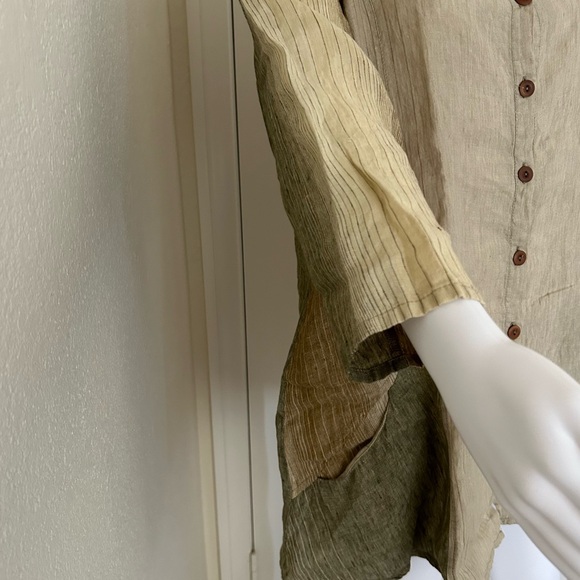 Flax- Striped Linen tunic Button down with 3/4 sleeves Earthy Tones Size S - Picture 6 of 12